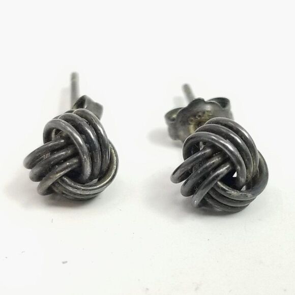 Vintage Sterling Silver Knot Stud Earrings, Tarnished, Classic Unisex Design - Picture 1 of 7